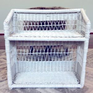 Vintage Boho White Wicker Display Shelf rack hanging or freestanding 2 shelves